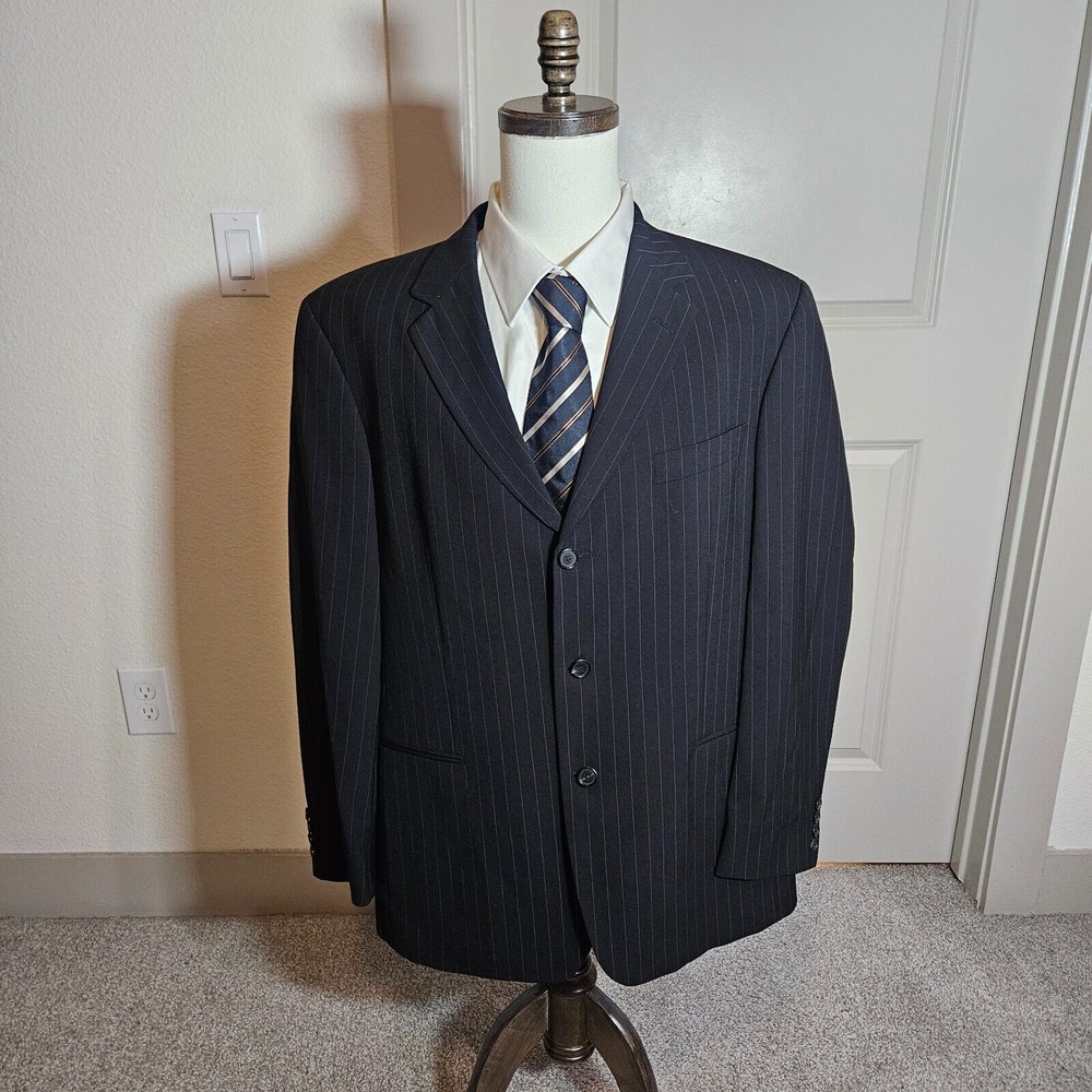 Hugo‎ Boss 44R Wool Blend Suit Blazer Jacket Men Black Pinstriped